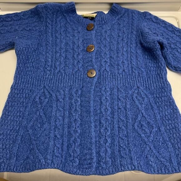 Carraigdonn Made in Ireland Blue Fit Flare Cable Knit Merino Wool Cardigan-Small - Picture 11 of 13